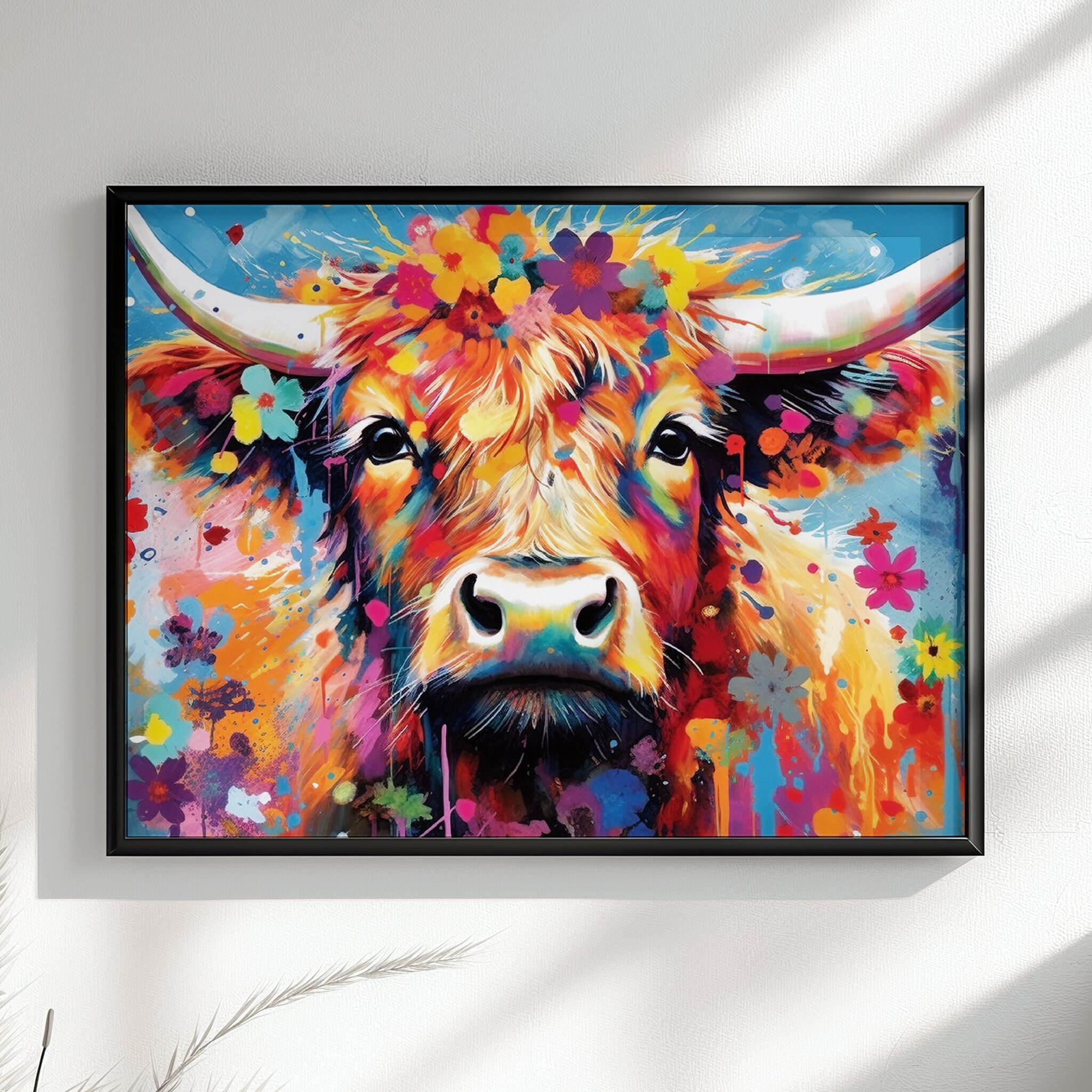 Shaggy Highland Cow Poster Print. Animal Wall Decor Gift for Cow Lover Farmer Mom Colourful Flowers Nursery Print Bathroom Scottish Art MOO!