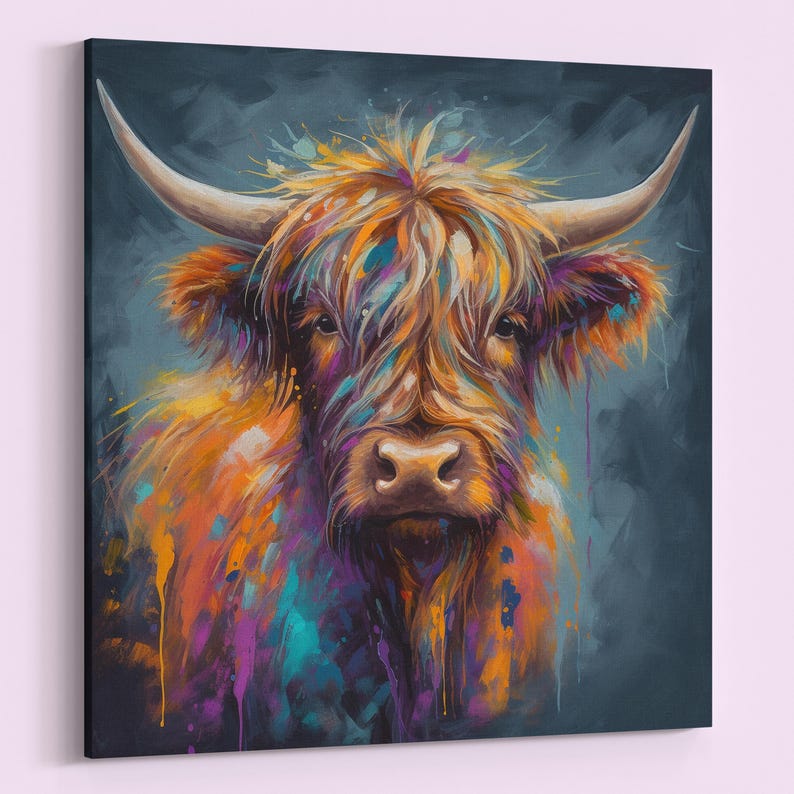 Highland Cow Canvas o stampa incorniciata/senza cornice. Un dipinto unico multicolore di una mucca scozzese. Regali di decorazioni murali da fattoria colorate per contadini, mamme immagine 7