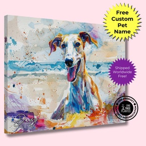 Personalised Greyhound at the Beach Canvas Print. Custom Dog Portrait Name, Mom Dad Gift, Rainbow Watercolour Memorial Paint Splash Painting