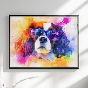 Cavalier King Charles Spaniel Sunglasses Ungerahmt Druck/Leinwand. Regenbogen Hund Wand Kunst Bunt Wohnkultur Aquarell Malerei CKCS Mutter Geschenk