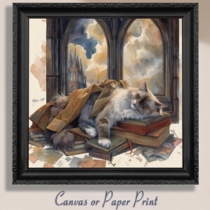May include: A framed print of a watercolor painting featuring a fluffy cat sleeping on a stack of books. The cat is resting near a window with a view of a cathedral. The print is framed in a black ornate frame. The text "Canvas or Paper Print" is at the bottom.