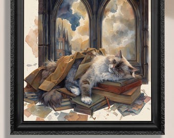 Cat Art Print Canvas Wall Decor Scholar Kitty Reading Books Gothic Library Feline Lover Gift Cat Mom Present Literary Art Vintage Neutral