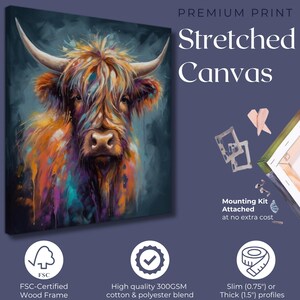 Highland Cow Canvas o stampa incorniciata/senza cornice. Un dipinto unico multicolore di una mucca scozzese. Regali di decorazioni murali da fattoria colorate per contadini, mamme immagine 6