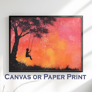 Bambino sull'altalena, tela o stampa senza cornice. Ricordi d'infanzia magici, acquerello, decorazione da parete color pesca e oro, grande quadro per la cameretta dei bambini.