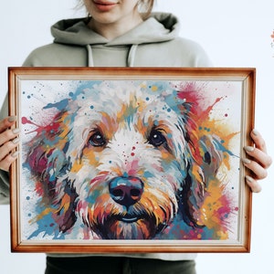 May include: A colorful abstract painting of a dog's face with splashes of yellow, orange, red, blue, and purple paint.