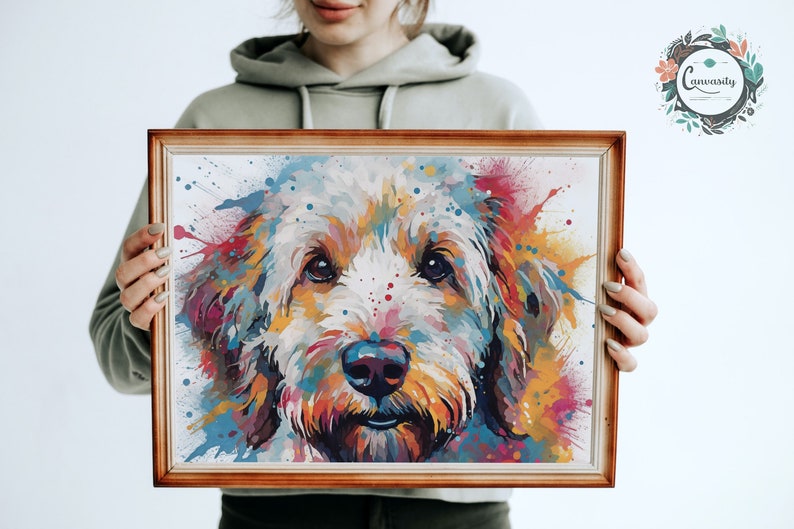 May include: A colorful abstract painting of a dog's face with splashes of yellow, orange, red, blue, and purple paint.