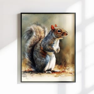 Tela o poster con scoiattolo carino. Stampa ad acquerello, coda folta grigia, quadro da appendere alla parete, decorazione con animali, creatura del bosco.