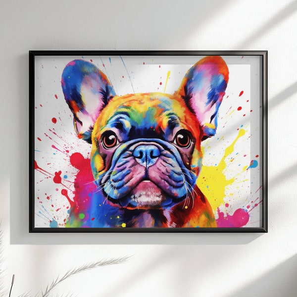 Impression d'affiche de bouledogue français. Affiche colorée de chiot à l'aquarelle, cadeaux de décoration murale, amoureux des chiens, maman frenchie, papa. Peinture Éclaboussure de Peinture