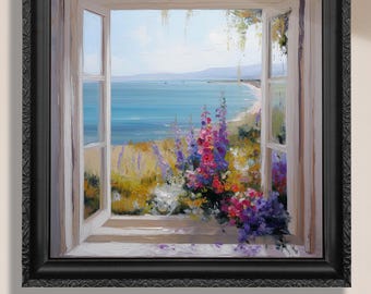 May include: A framed painting of a window with a view of a blue ocean and a sandy beach. The window is open and there are flowers in the foreground.