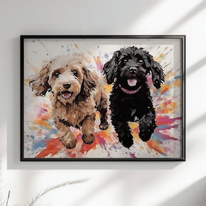Zwei niedliche Kakadus! Aquarell Poster Druck, Buntes Wand Kunst Geschenk für Hunde Liebhaber, Gekritzel Mama oder Papa. Creme und Schwarz, Weiß, Farbspritzer