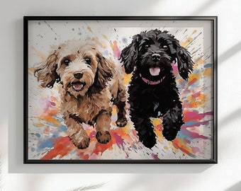 Two Cute Cockapoos! Watercolor Poster Print, Colorful Wall Art Gift for Dog Lovers, Doodle Mom or Dad. Cream and Black, White, Paint Splash