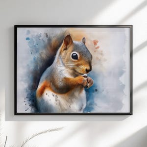 Tela o poster di scoiattolo carino. Stampa di pittura ad acquerello, amante della noce grigia con coda folta, dipinto su tela, da appendere alla parete, animale, creatura del bosco