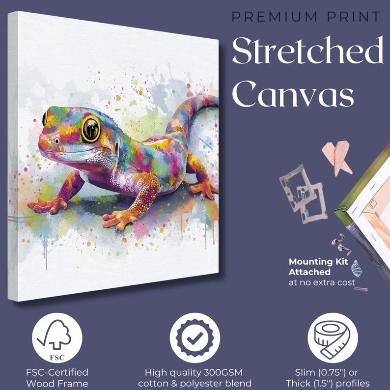 May include: Stretched canvas art print featuring a colorful gecko illustration. The artwork showcases a vibrant reptile with a watercolor effect, set against a white background. The canvas is stretched on a FSC-certified wood frame.