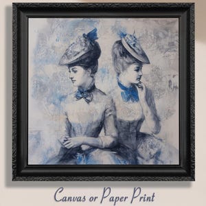 Stampe d'arte su tela blu/senza cornice. Ritratto vittoriano, quadro vintage blu della campagna francese, decorazione murale con donne vittoriane, arte glamour.