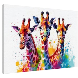 Colorful Trio of Giraffes Canvas Wall Art Print Picture for Safari Lovers, Home Office, Living Room Decor, Mom, Dad or Siblings Gift