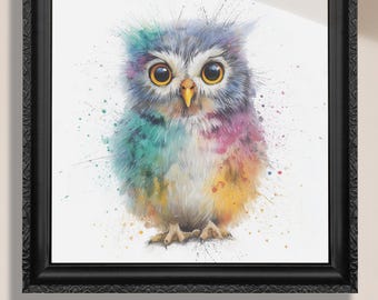 水彩フクロウ、フクロウの絵画、森の保育園、動物の絵画、フクロウの