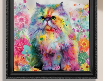 Colorful Persian Cat Art Print Canvas | Watercolor Rainbow Kitten Wall Art | Flower Garden Pet Portrait | Cat Lover Gift Nursery Decor