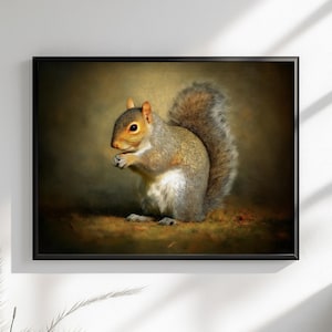 Tela o poster di scoiattolo carino. Stampa di pittura a olio, amante della noce grigia con coda folta, quadro dipinto da appendere alla parete, decorazione animale, creatura del bosco