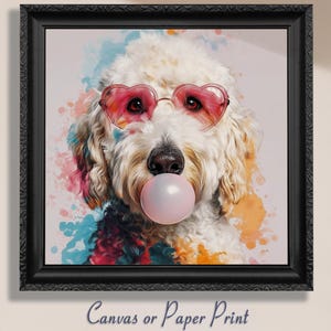 Divertente stampa di Goldendoodle su tela, senza cornice. Regalo per proprietari di cani, Golden Doodle alla moda, immagine di Labradoodle, ritratto di animali domestici con schizzi di vernice.