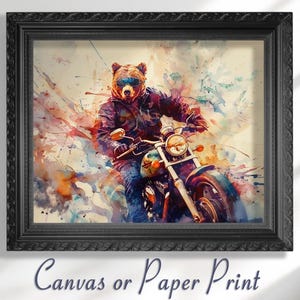 Orso grizzly su una motocicletta, stampa su tela senza cornice. Divertente quadro da parete con animali, regalo per motociclisti, dipinto su motocicletta, poster da parete per garage.
