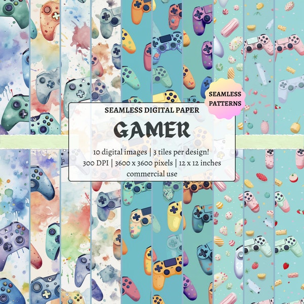 Gamer / Gaming Digital Paper | Colorful, Candy and Watercolor Styles | Seamless Patterns | Scrapbook Paper | XBOX PlayStation Sublimation