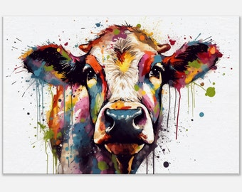 May include: A colorful watercolor painting of a cow's head with splashes of pink, blue, green, yellow, and orange paint. The cow's eyes are brown, and its nose is black.