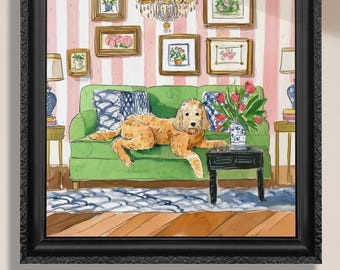 May include: A watercolor painting of a dog sitting on a green couch in a room with pink and white striped walls. The dog is a light brown color and has a white chest. There are several framed pictures on the walls, and a vase of flowers on a side table.