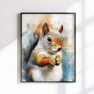 Tela o poster con scoiattolo carino. Stampa ad acquerello, coda folta grigia, quadro da appendere alla parete, decorazione con animali, creatura del bosco.
