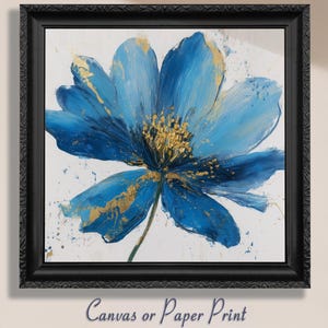 Stampa artistica su tela con fiori blu / senza cornice. Arte contemporanea astratta glamour, quadro blu e oro, decorazione floreale da parete, poster d'arte glamour.