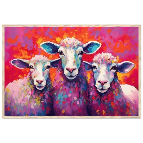 キャンバス油絵 　あり　くるくるカラフルSheep Three Colorful Sheep Framed Art - Colorful Animal Wall Art Print