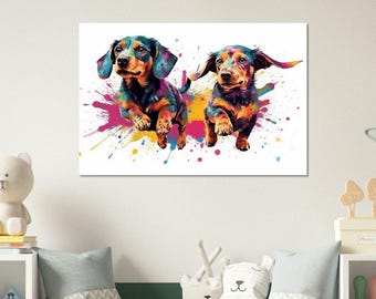 Cute Dachshund Puppies Watercolor Poster Print | Colorful Wall Art Gift for Dog Lovers, Doxie Mom or Dad. Puppy love!