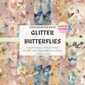 May include: Twelve seamless digital paper patterns featuring glitter butterflies in shades of pink, blue, and yellow on a sparkly background. The text "SEAMLESS DIGITAL PAPER GLITTER BUTTERFLIES" is displayed in the center of the image. The text "SEAMLESS PATTERNS" is displayed in a circle in the upper right corner of the image. The text "12 digital images | 3 tiles per design! 300 DPI | 3600 x 3600 pixels | 12 x 12 inches commercial use" is displayed below the title.