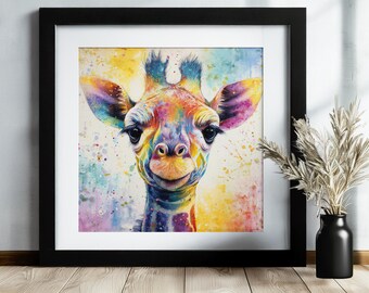 キリンのアートプリントキャンバス。カラフルなサファリ動物のウォール