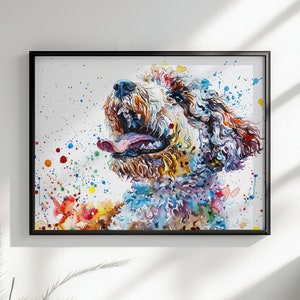 Impresión en lienzo o póster de Lagotto Romagnolo. Pintura colorida de acuarela de un perro trufado feliz, salpicadura de pintura, arte animal, decoración de pared, regalos.