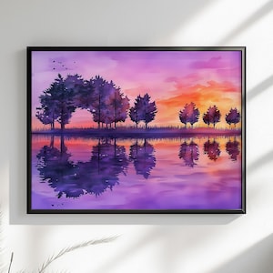 Impressão em tela ou pôster de guitarra. Pintura abstrata roxa do pôr do sol do oceano, decoração de parede de árvore, presentes coloridos para amantes da música e guitarristas