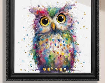 水彩のフクロウの絵画、森の保育園のアート、フクロウの絵画、花柄の