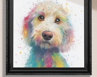 Könnte beinhalten: Gerahmter Druck eines Hundebildes im Aquarellstil. Das Fell des Hundes ist mit Regenbogenfarben bespritzt. Der Text "Canvas or Paper Print" befindet sich am unteren Rand des Rahmens.