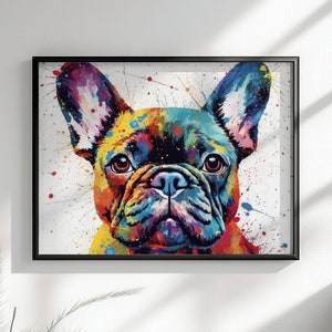 Impresión de póster de acuarela de Bulldog Francés. Regalo de decoración de pared de paisaje horizontal para los amantes de los perros, lindo arte de pintura de acuarela Frenchie mamá, papá