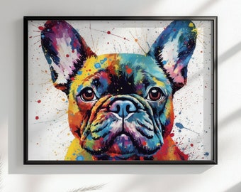 French Bulldog watercolor poster print. Horizontal Landscape Wall Decor Gift for Dog Lovers, Cute Watercolour Painting Art Frenchie Mom, Dad