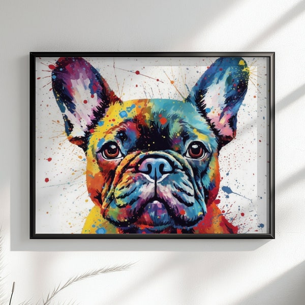 Impression d'affiche aquarelle bouledogue français. Cadeau de décoration murale paysage horizontal pour les amoureux des chiens, art mignon de peinture à l'aquarelle Frenchie maman, papa