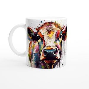 Entzückende Kuh-Tasse | 11oz 325ml bunte lebendige Aquarell Print Tasse für Kaffee, Tee, heiße Schokolade. Bauernhof Tier Geschenk für Farmer. Moo!