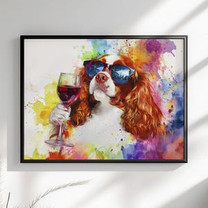 Cavalier King Charles Spaniel Wein Ungerahmt Druck / Leinwand. Regenbogen Hund Wand Kunst Bunt Wohnkultur Aquarell Malerei CKCS Mutter Geschenk