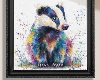 Cute Badger Watercolor Art Print Canvas / Unframed. Woodland Animal Wall Art Watercolor Paint Splash Nursey Kids Room Painting Decor