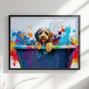 May include: A brown and white dog sits in a blue bathtub with colourful paint splatters on the background.