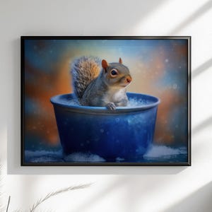 Scoiattolo nella vasca da bagno, su tela o poster. Stampa a olio, decorazione da bagno con animali, quadro extra large da appendere alla parete, creatura del bosco nella vasca da bagno.