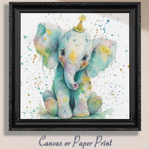 Baby Elephant Art Print, Canvas Wall Art, Watercolor Nursery Decor, Kids Room Animal Print, Elephant Lover Gift, Jungle Safari Funny Cute