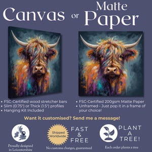 Highland Cow Canvas o stampa incorniciata/senza cornice. Un dipinto unico multicolore di una mucca scozzese. Regali di decorazioni murali da fattoria colorate per contadini, mamme immagine 2