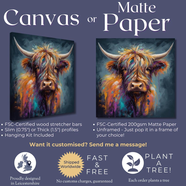 Highland Cow Canvas o stampa incorniciata/senza cornice. Un dipinto unico multicolore di una mucca scozzese. Regali di decorazioni murali da fattoria colorate per contadini, mamme immagine 2