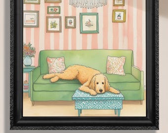 May include: A watercolor painting of a light brown dog laying on a green couch in a living room. The dog is looking at the viewer. The couch has pillows with floral patterns. There is a small blue table in front of the couch. The walls are pink and white striped. There are several framed pictures on the wall.