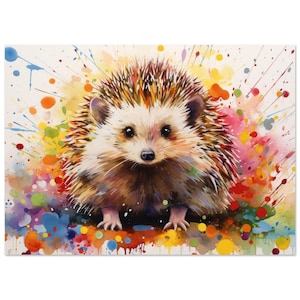 Impresión cuadrada/paisaje de un erizo feliz. Póster colorido para regalo, pintura de animales del bosque, arte mural de criaturas de jardín coloridas.